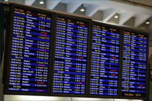 Airport displays with arrivals and departures