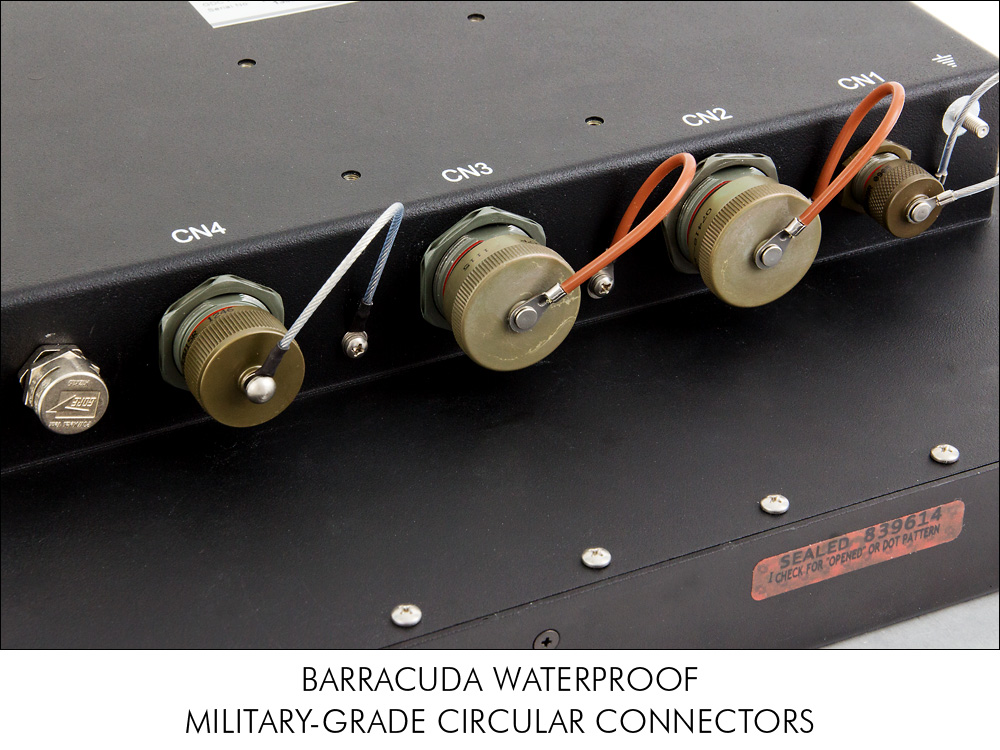 Barracuda LCD monitor waterproof sealed military-grade circular connectors keep out liquid, dust and other contaminants