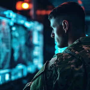 Photo of soldier monitoring military control panel