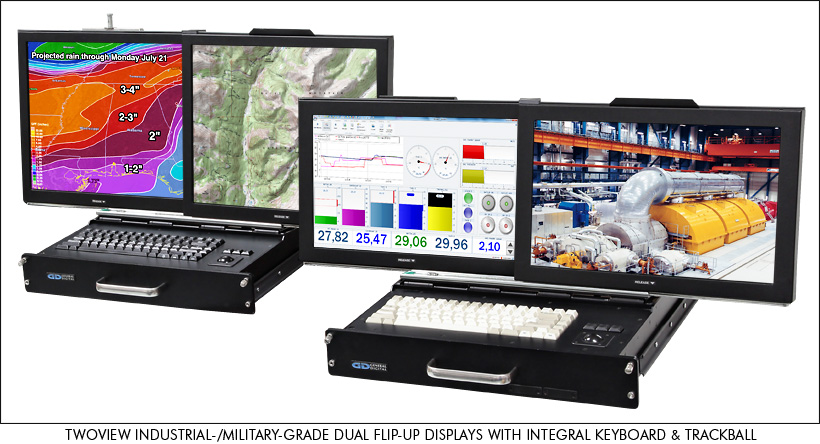 TwoView industrial- and military-grade dual flip-up displays with integral keyboard and trackball